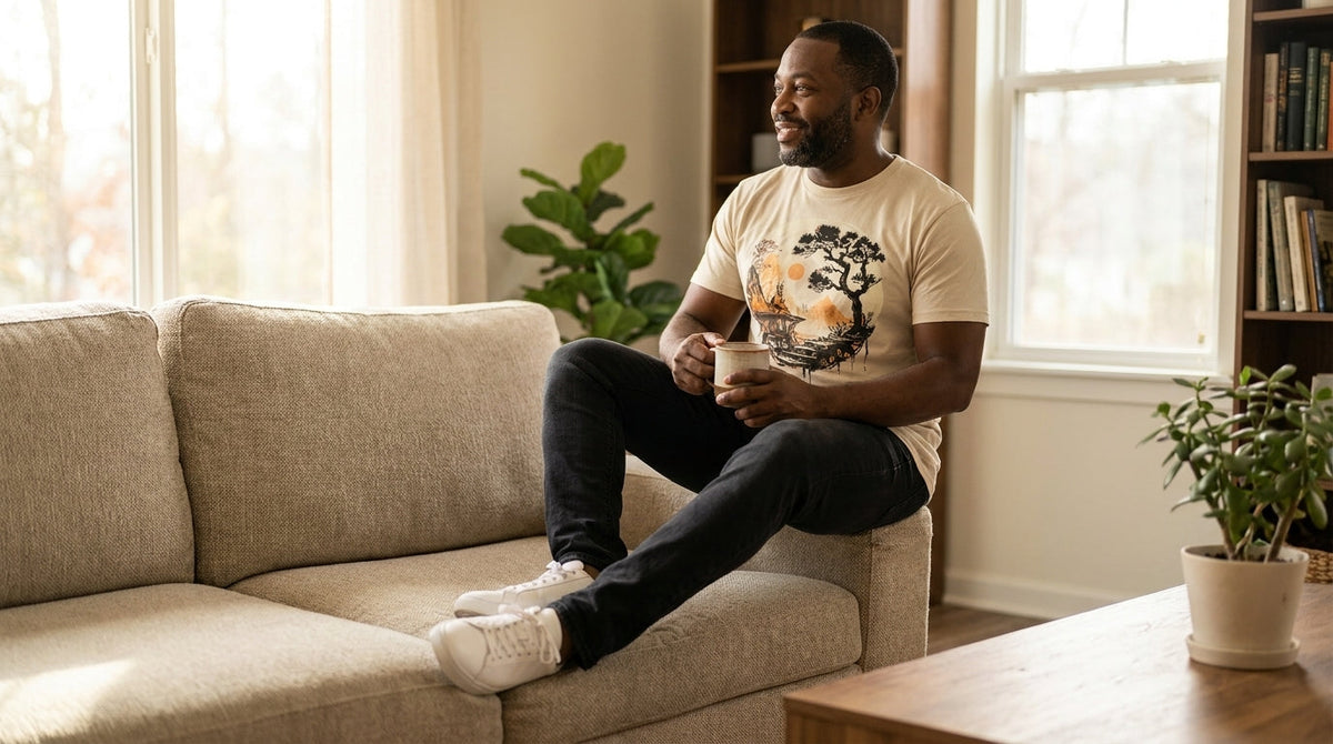 Man in the Zen Ridge graphic tee relaxing with a coffee in a sunlit living room