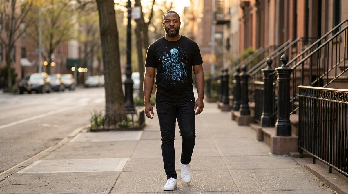 Man in the black Death Reach skeleton graphic tee walking down a city sidewalk