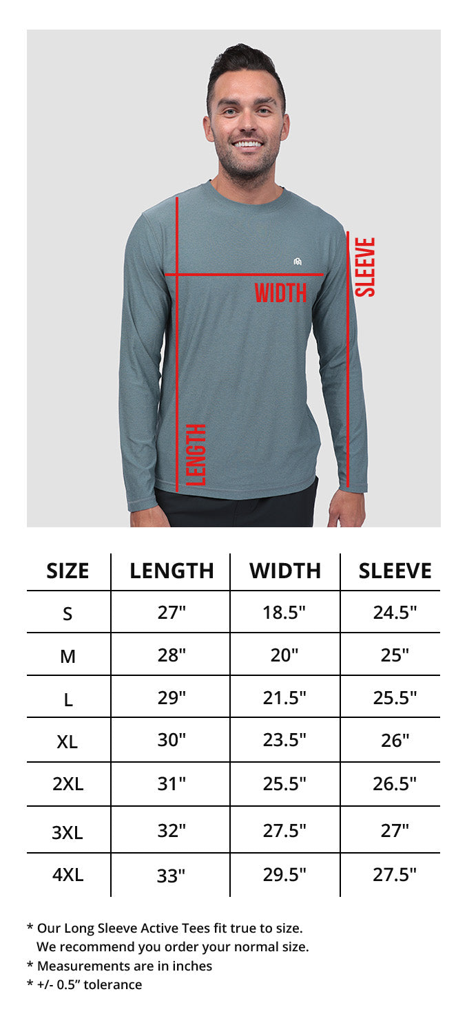 Men's Long Sleeve Active Tees Size Chart