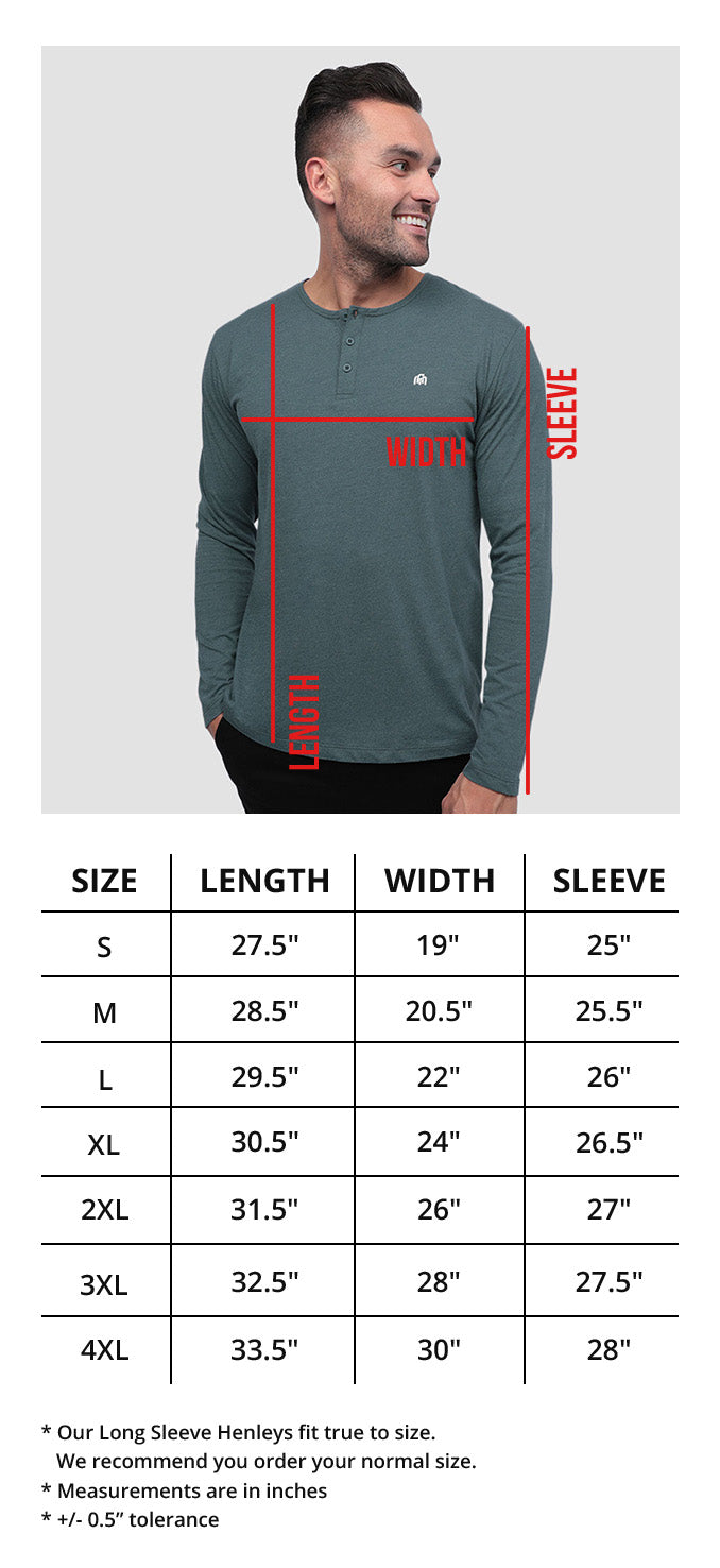 Men's Long Sleeve Henley Size Chart