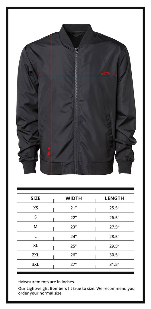 Lightweight Bomber Jackets Size Chart