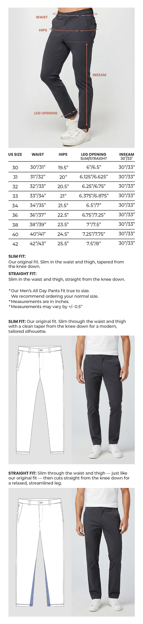 All Day Pants Size Chart