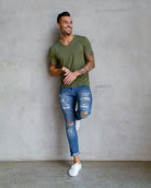 V-Neck Tee - Non-Branded-Olive Green-Regular-Full--Model---L