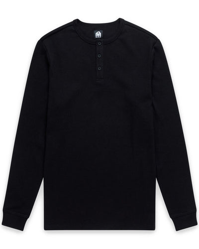 Long Sleeve Waffle Knit Henley-Black-Mock--Model---M-Regular