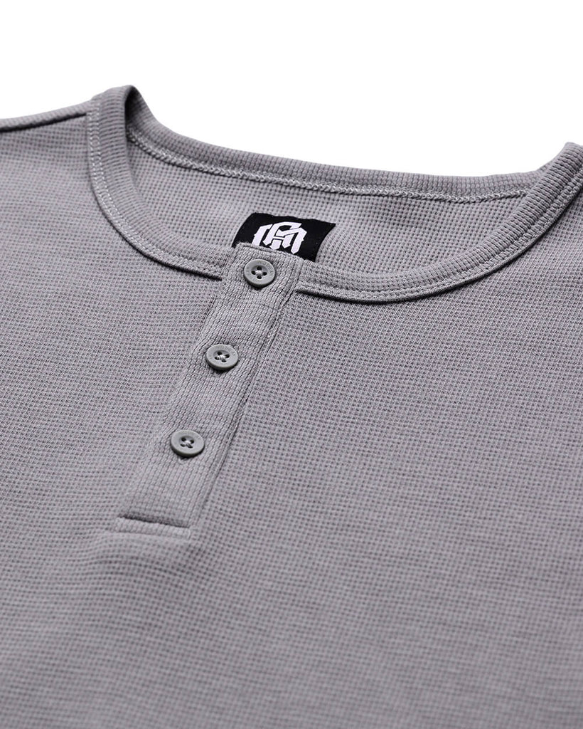 Long Sleeve Waffle Knit Henley - Non-Branded-Grey-Regular-Detail--Model---L