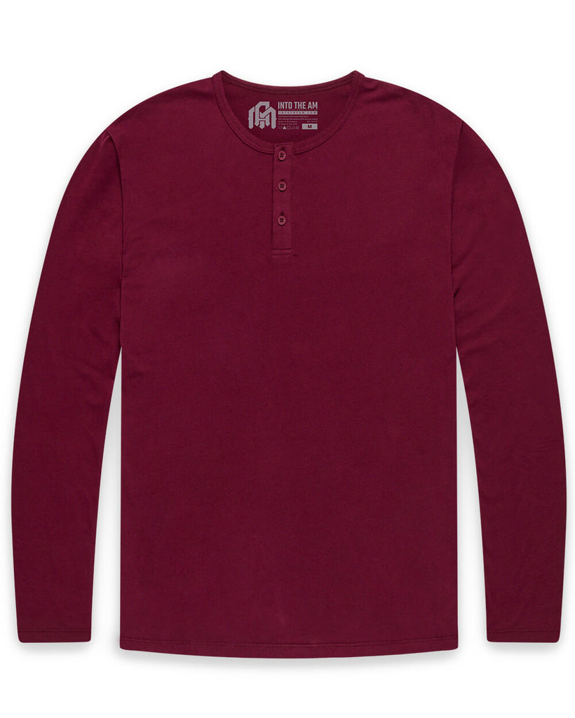 Long Sleeve Henley Tee - Non-Branded-Dark Maroon-Regular-Mock--Zac---L