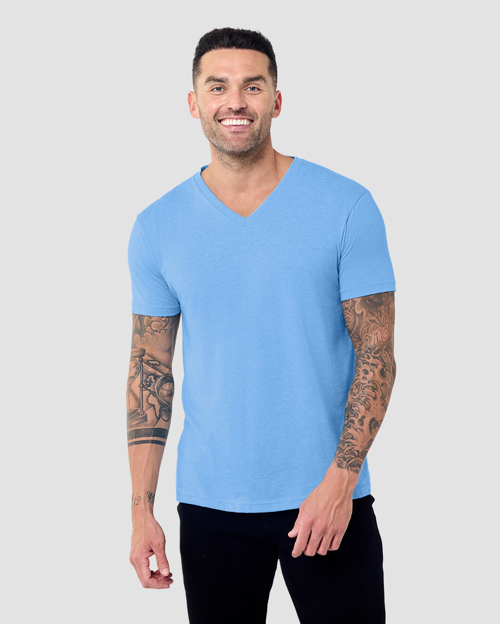 V-Neck Tee - Non-Branded-Heather Columbia Blue-Regular-Front--Model---L