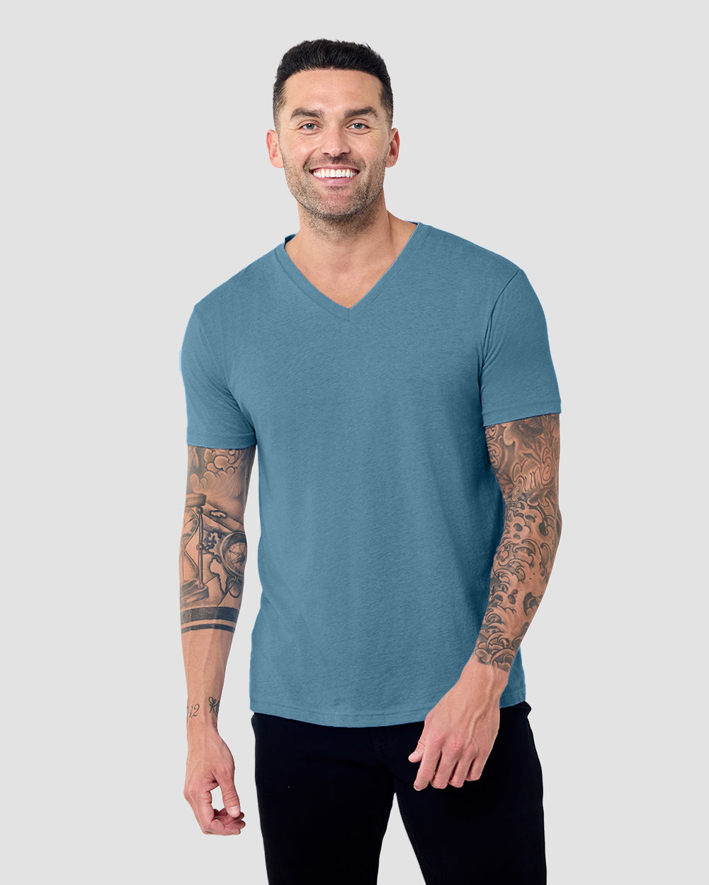 V-Neck Tee - Non-Branded-Indigo-Regular-Front--Model---L