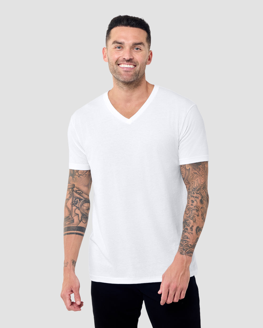 V-Neck Tee - Non-Branded-White-Regular-Front--Model---L
