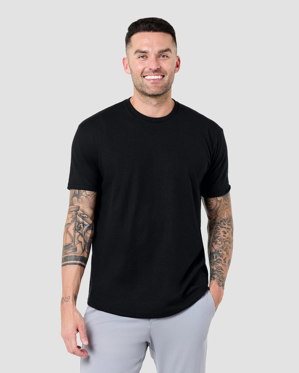 Curved Hem Tee-Black-Regular-Front--Model---L