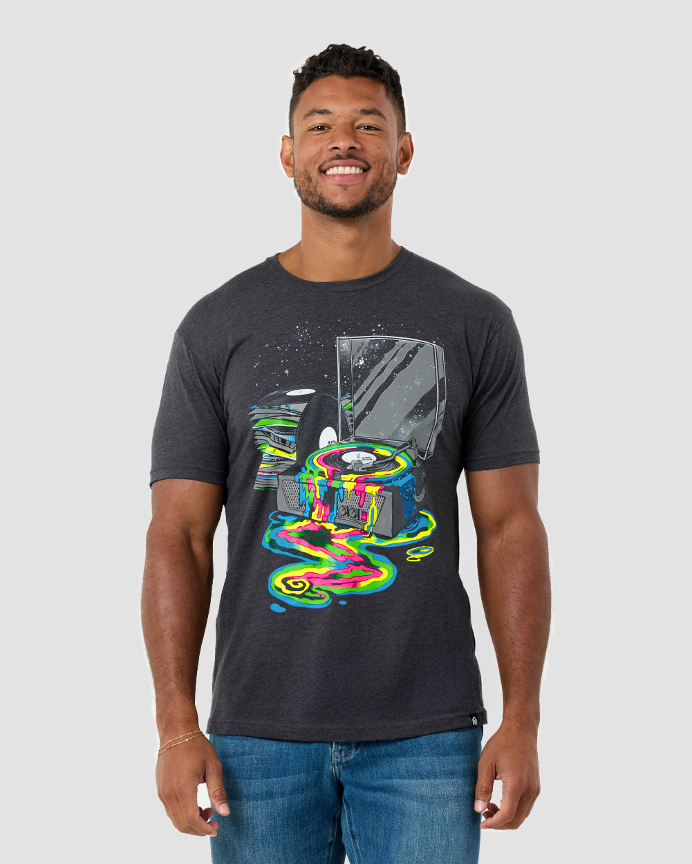 Galactic Grooves II Tee-Charcoal-Regular-Front--Model---L
