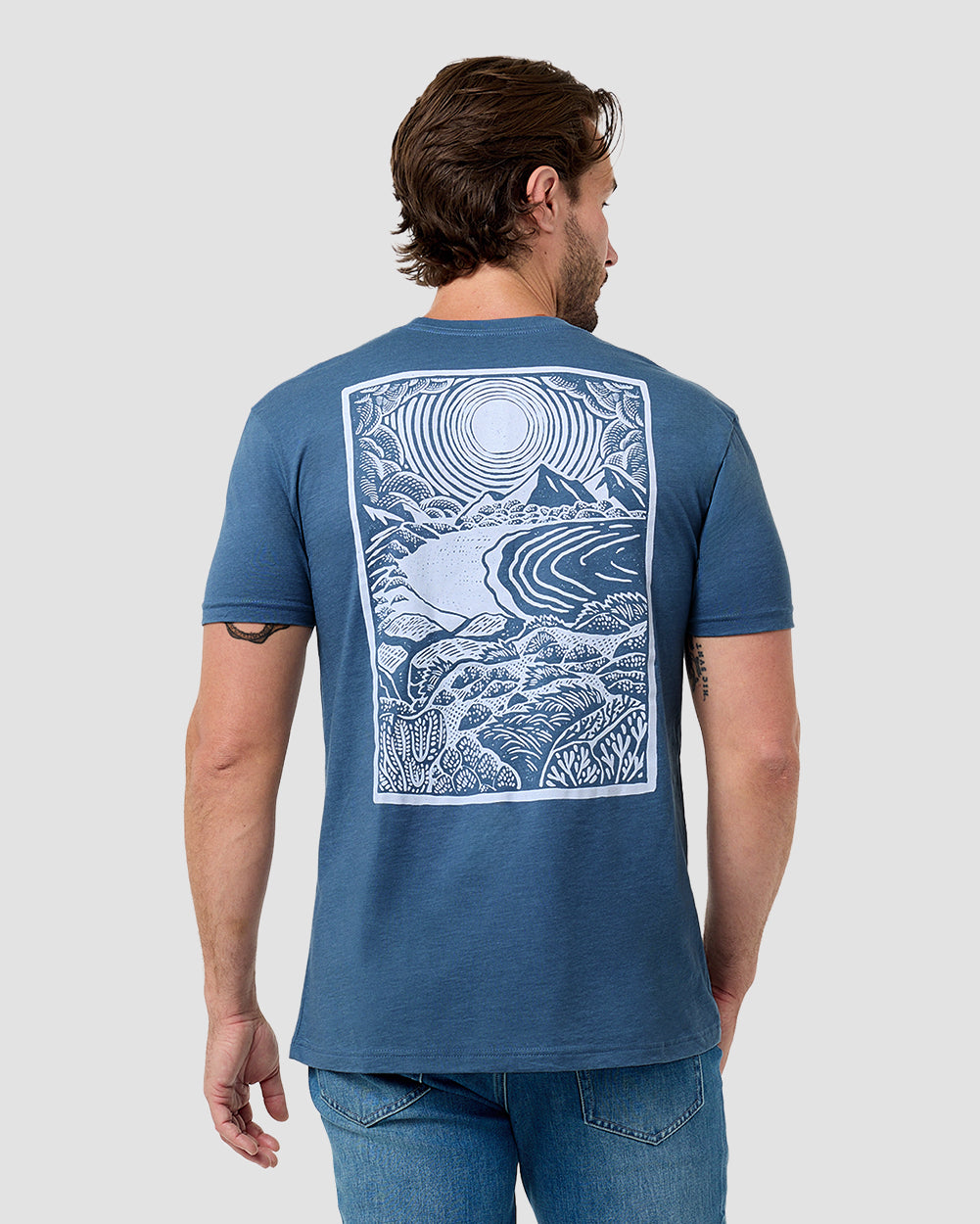 Sunrise Peaks Tee-Heather Slate Blue-Regular-Back--Model---L
