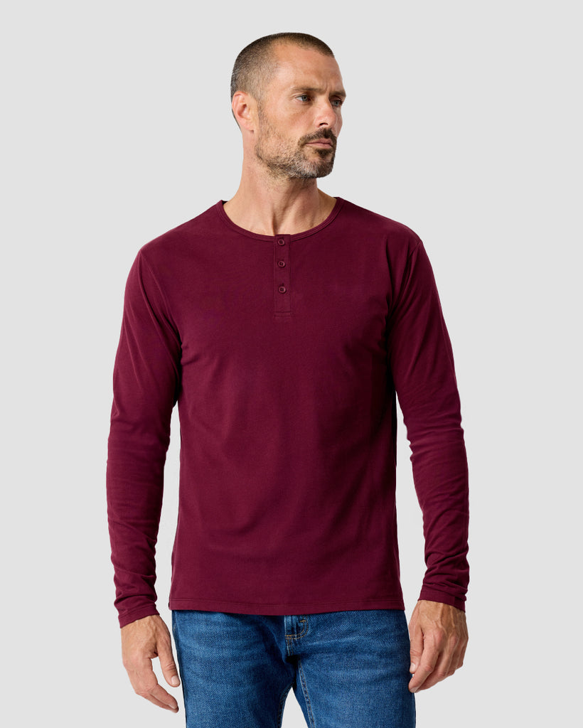 Long Sleeve Henley Tee - Non-Branded-Dark Maroon-Regular-Front--Zac---L