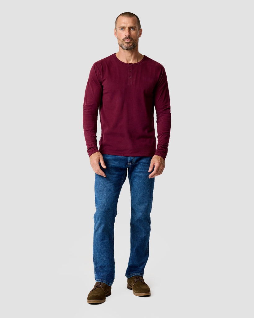 Long Sleeve Henley Tee - Non-Branded-Dark Maroon-Regular-Full--Zac---L