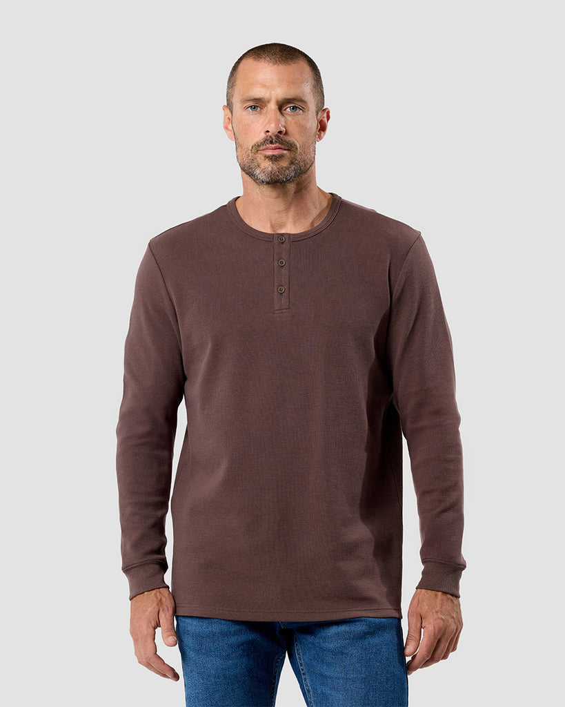 Long Sleeve Waffle Knit Henley - Non-Branded-Brown-Regular-Front--Zac---L