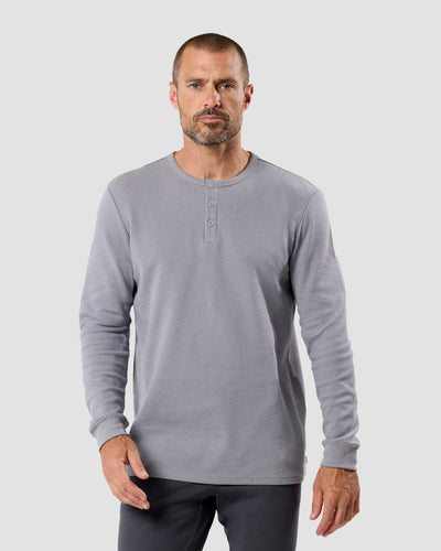 Long Sleeve Waffle Knit Henley-Grey-Front--Model---M-Regular