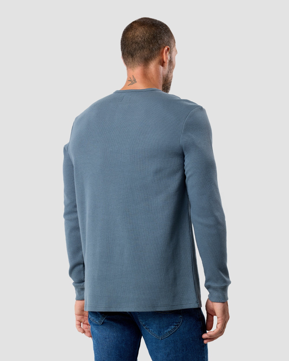 Long Sleeve Waffle Knit Henley-Indigo-Back--Model---M-Regular