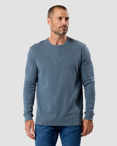 Long Sleeve Waffle Knit Henley-Indigo-Front--Model---M-Regular