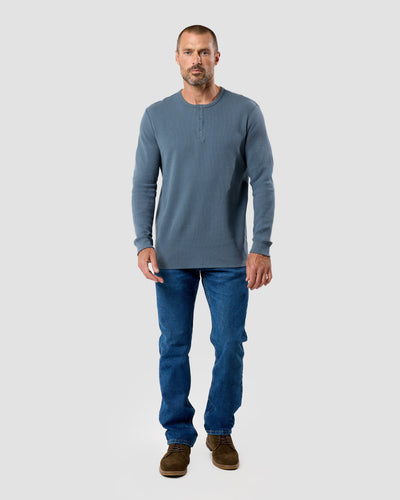 Long Sleeve Waffle Knit Henley-Indigo-Full--Model---M-Regular