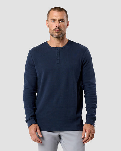 Long Sleeve Waffle Knit Henley-Navy-Front--Model---M-Regular