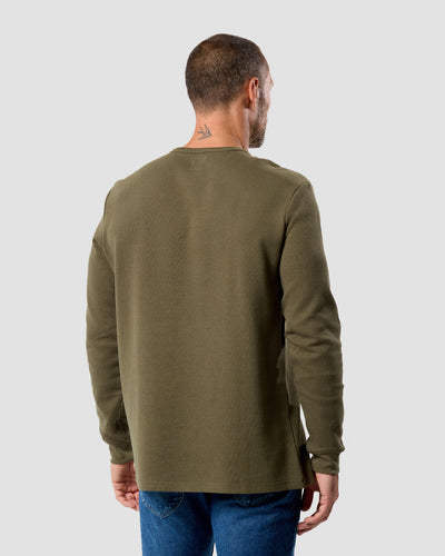 Long Sleeve Waffle Knit Henley-Olive Green-Olive Green--Model---M-Regular