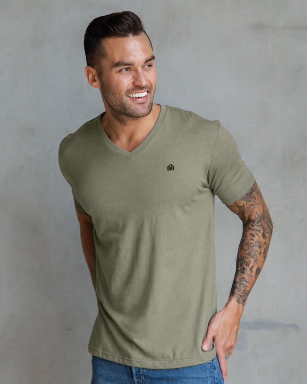 V-Neck Tee - Branded-Warm Grey-Regular-Front--Model---L