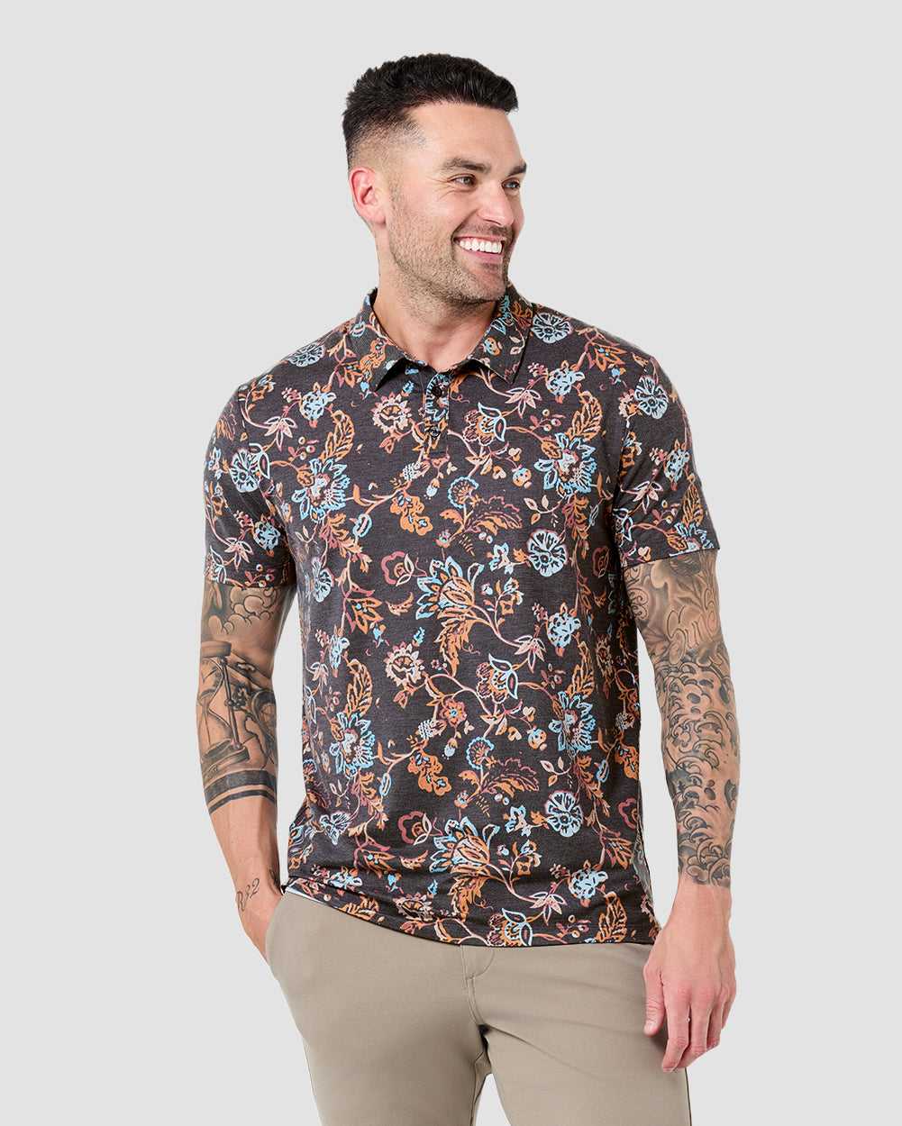 Pursuit Performance Polo-Black Floral-Reg-Regular-Front--Model---L