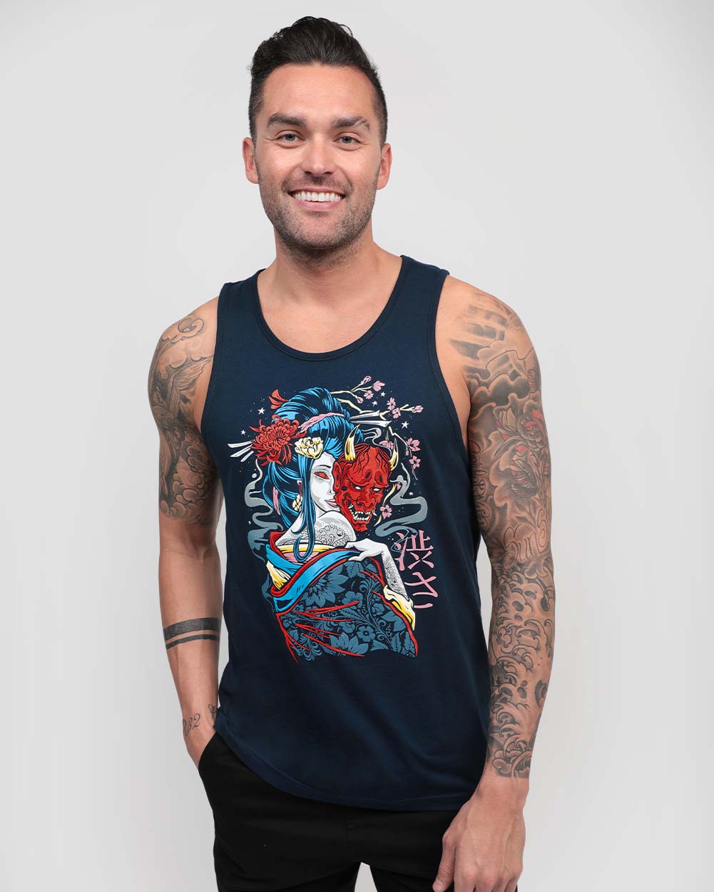 Mystic Geisha Tank-Navy-Regular-Front--Model---L