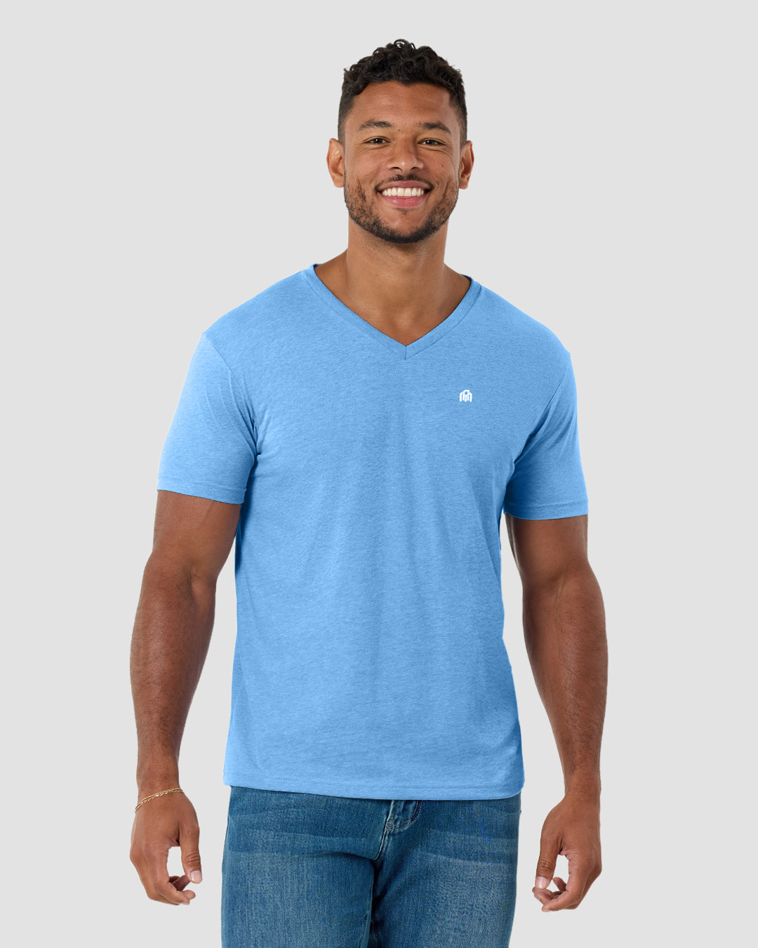 V-Neck Tee - Branded-Heather Columbia Blue-Regular-Front--Model---L