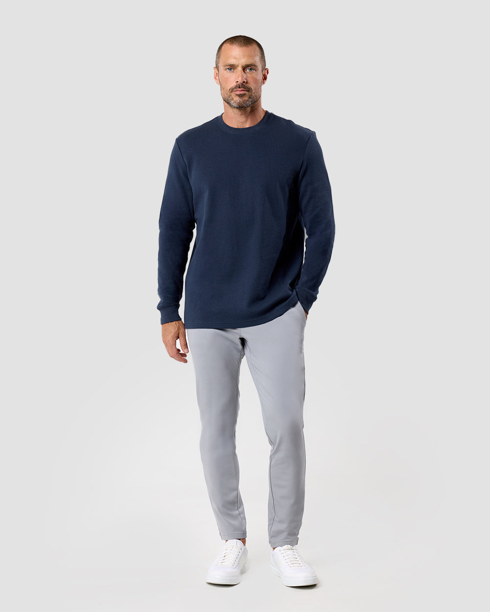 Long Sleeve Waffle Knit Crew - Non-Branded-Navy-Regular-Full--Model---L