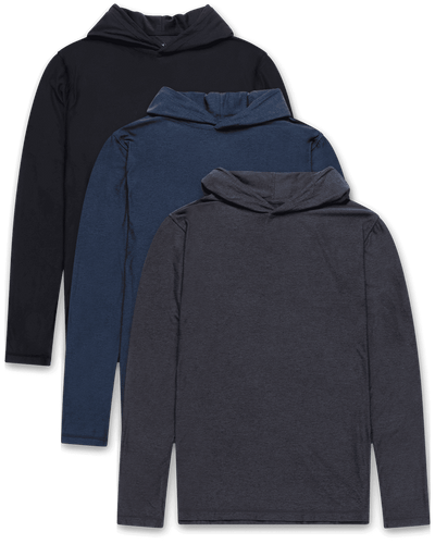 Long Sleeve Hooded Active Tee curated 3-pack mock (black, navy, charcoal)
