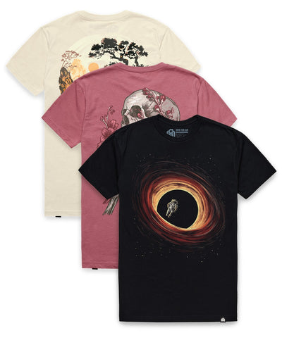 Custom 3 Pack Graphic Tee - three best-selling INTO THE AM graphic tees fanned including No Return, Eternal Blossom, and Zen Ridge