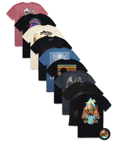 Custom 9 Pack Graphic Tee - nine best-selling INTO THE AM graphic tees fanned including Wilderness, Split Nature, and Lunar Canyon