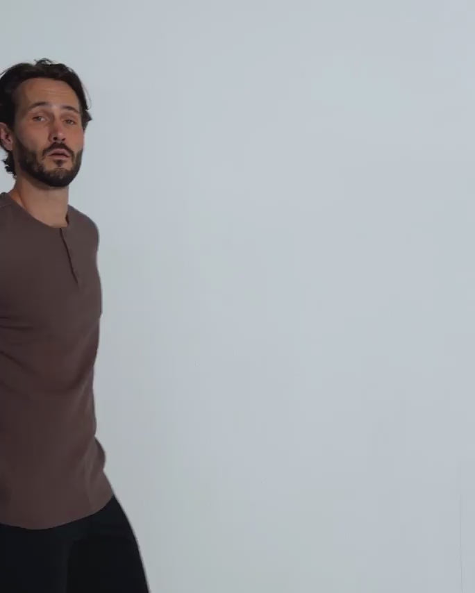 Long Sleeve Waffle Knit Henley-Brown-Regular-Video--Model---L