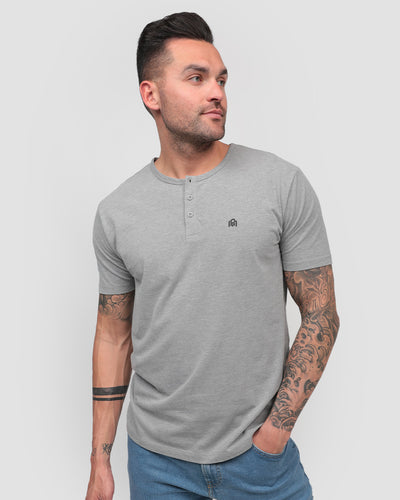 Henley Tee - Branded-Grey-Regular-Front--Model---Size