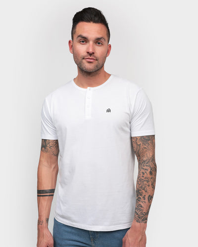 Henley Tee - Branded-White-Regular-Front--Model---Size