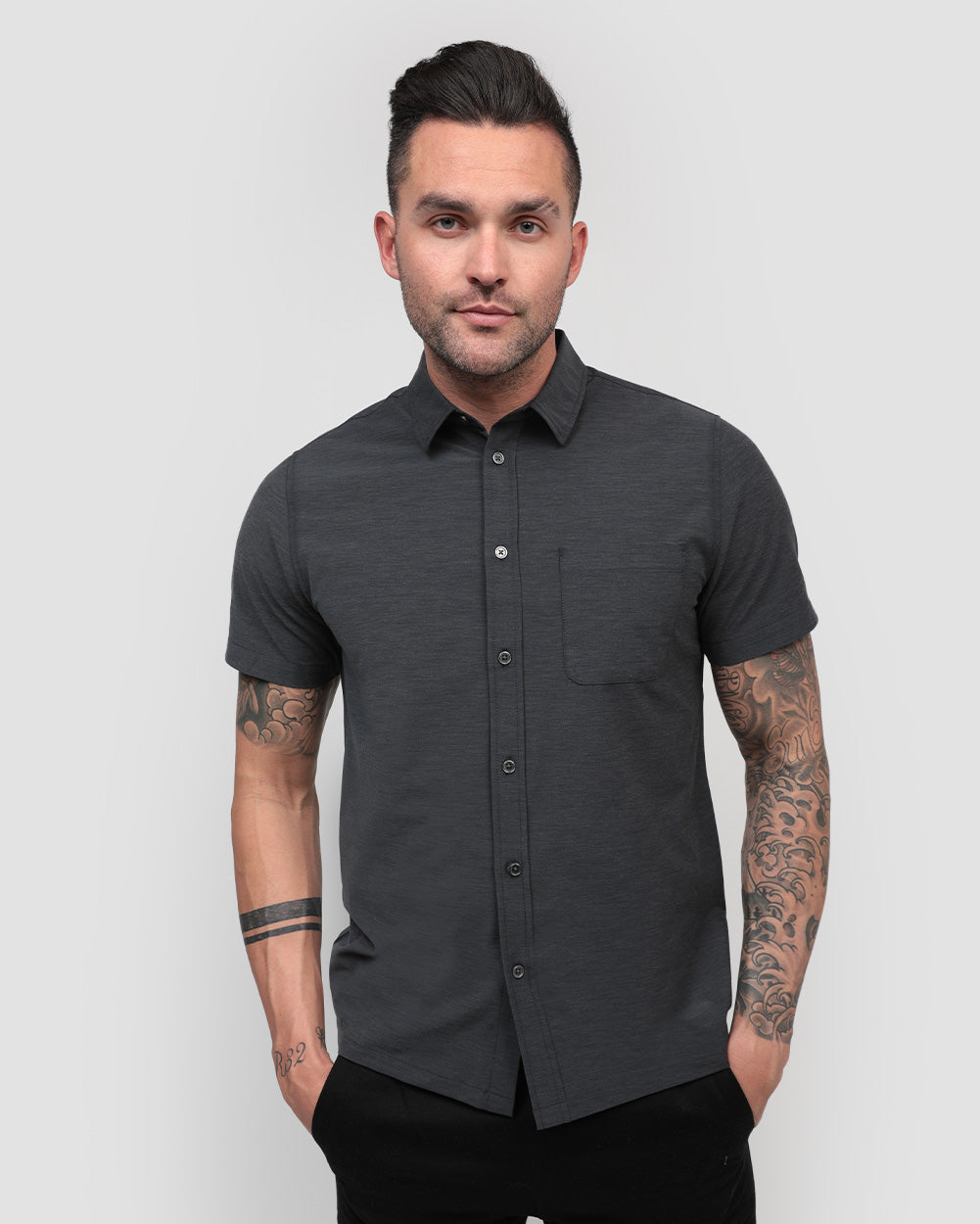 Essential Button Up-Black Heather-Front--Zach---L